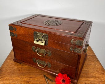 Asian Jewelry Box: Large Wood Cabinet with Brass Fittings