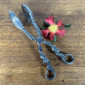 May include: Silver-toned serving tongs with seashell-shaped ends and seahorse-shaped handles. The tongs are open, revealing their intricate design. A red flower with a yellow center rests nearby on a wooden surface.