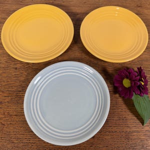 May include: Two round yellow ceramic plates and one round light blue ceramic plate, each featuring a series of concentric circular ridges along the outer rim. The plates are arranged in a triangular formation with a dark purple flower nearby.