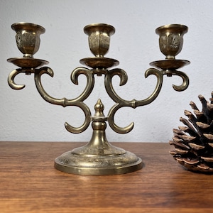 Vintage Brass Candelabra: 3-Light Taper Holder with Etched Floral Design