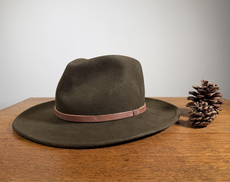 May include: A dark olive green fedora hat with a brown leather band. The hat sits on a wooden surface next to a pine cone. The hat has a wide brim and a rounded crown.