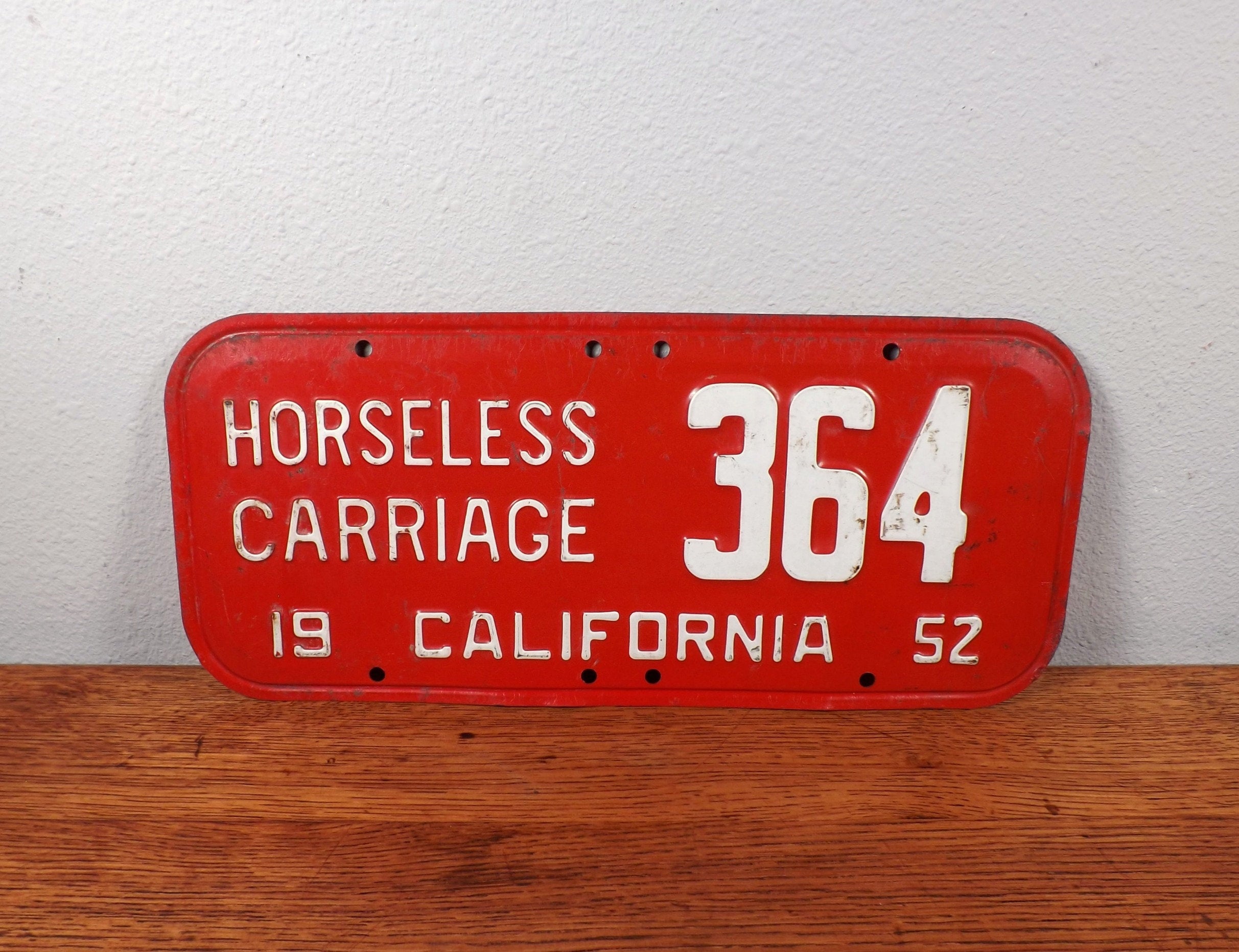 1952 California Horseless Carriage License Plate - Red & White