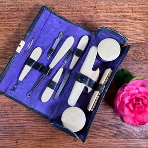 Manicure Set in Leather Case, Ivory-Colored Celluloid, Vintage Accessories Button Hook, Buffer, File, Nail Brush, Tweezers, Powder Boxes