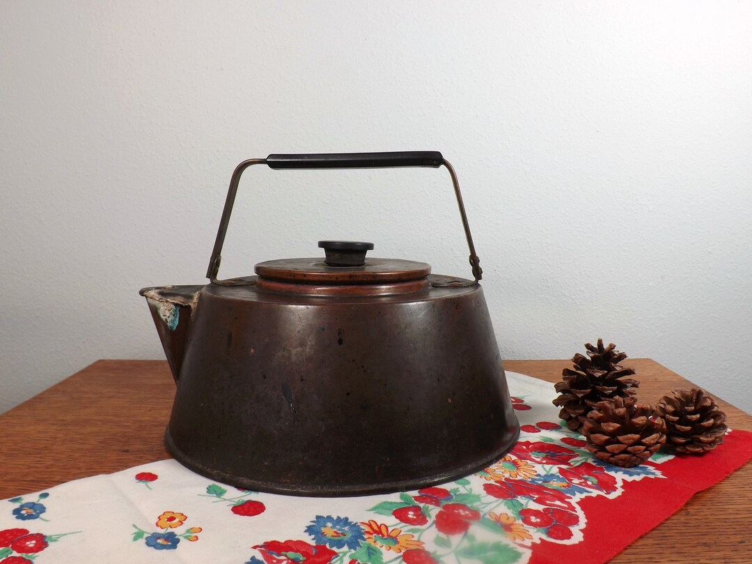Revere Tea Kettle Antique Copper, Tin Lined Brass Handle Old Time Tea