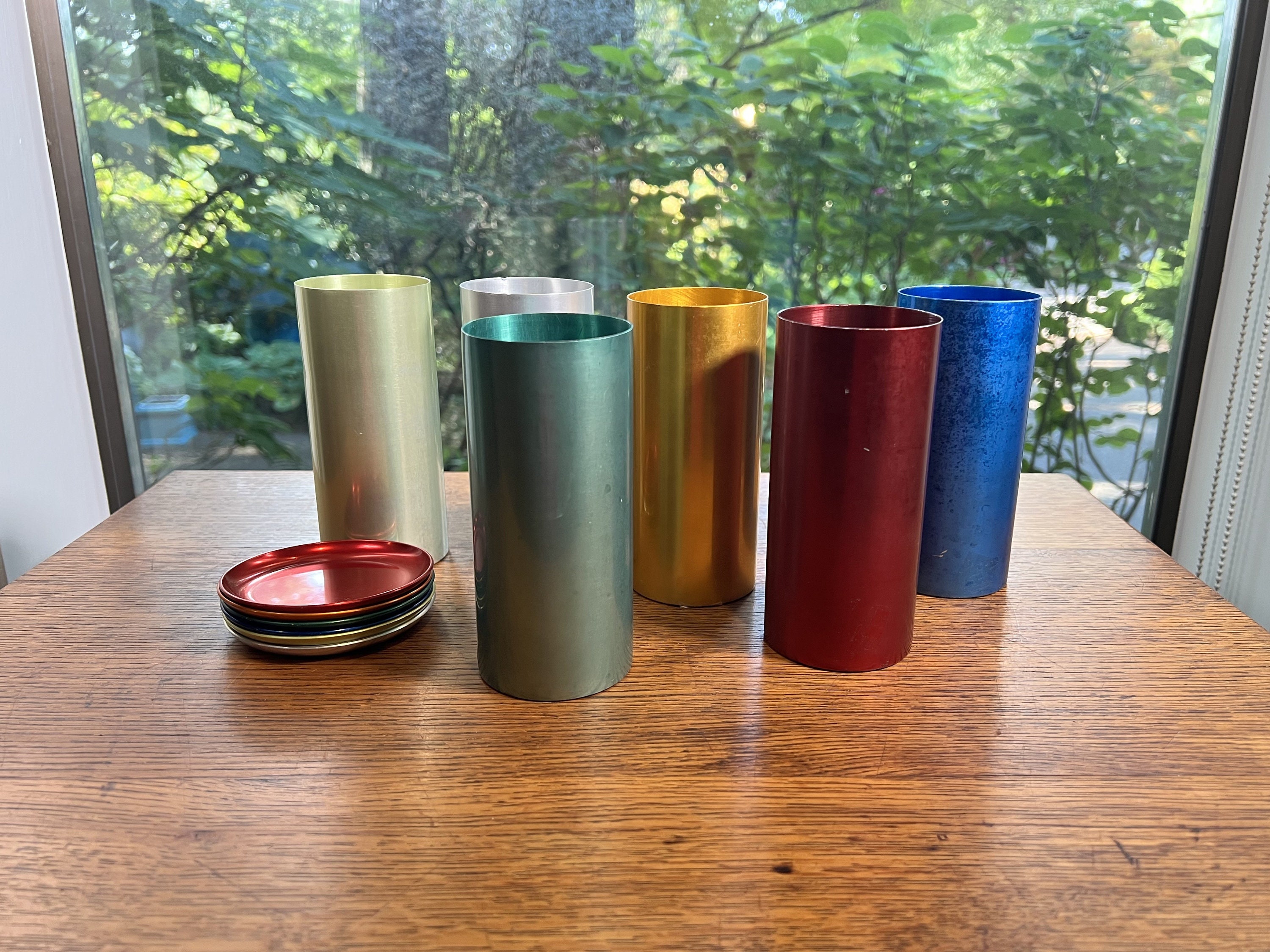 Set of 4 Vintage Green and Gold Anodized Aluminum Tumblers by Color Craft  Color Craft Tumblers Vintage Aluminum Tumbler Set Picnic Cup 