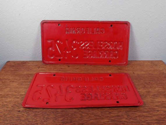 Vintage California Horseless Carriage License Plate Pair - Red