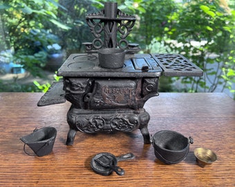 Crescent Wood Stove ~ Toy ~ Miniature ~ with Cookware ~ Collectible 1950s Toy, Made in USA