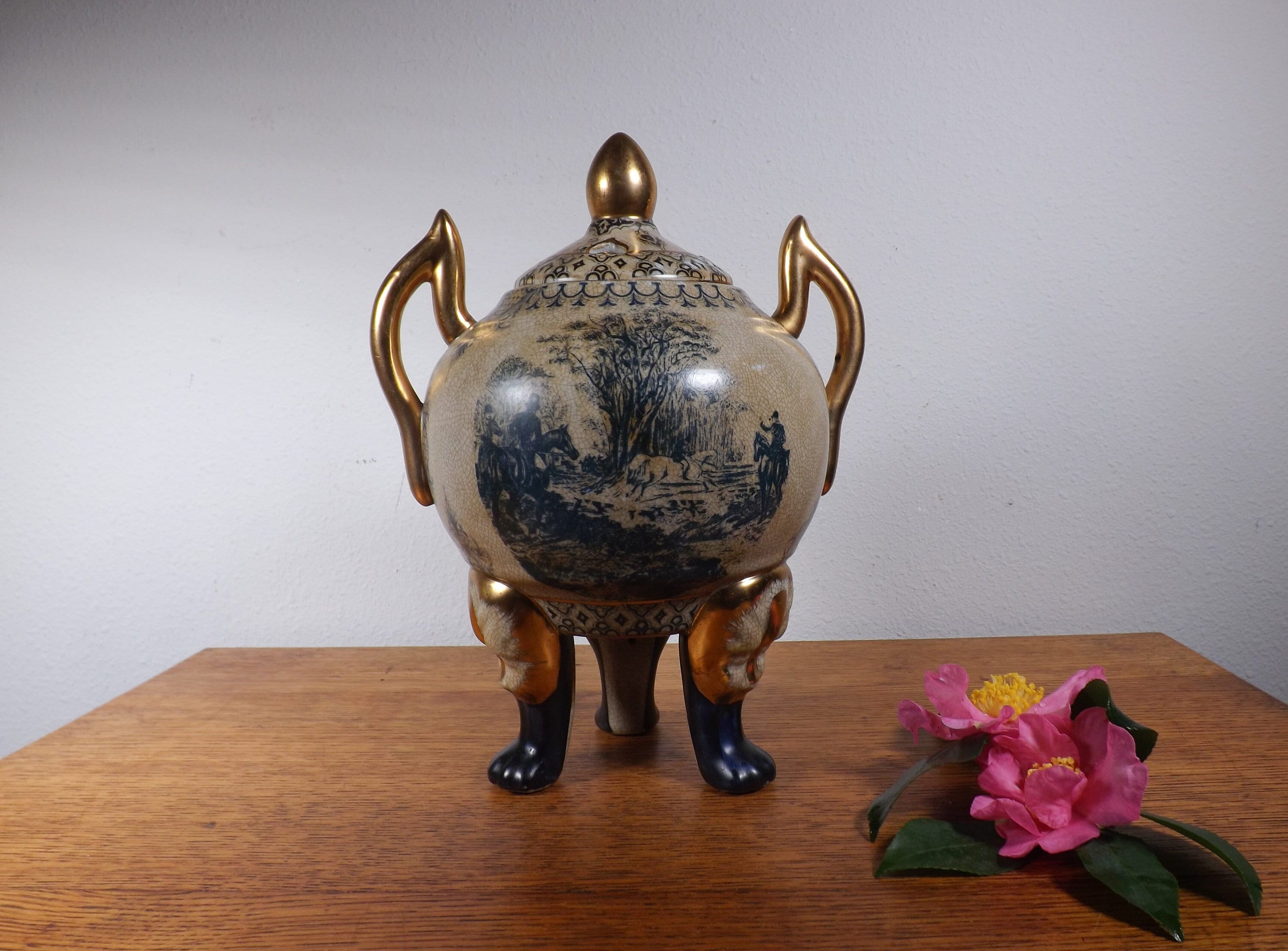 Urn with Feet and Lid ~ Garlic & Shallot or Onion Keeper ~ Decorative China with Dark Blue Hunting Scene Transfers ~ Gilt Gold Trim