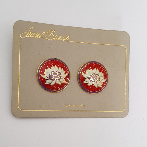 Laurel Burch Tibetan Lily Enamel Vintage Earrings Red & Gold NOS