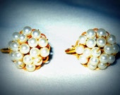 Vintage Faux Pearl HOBE Screw On Earrings, Wire Wrapped Gold Plated, Signed 50s