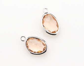 1082142 / Light Peach / Rhodium Plated Brass Framed Glass Pendant  9.6mm x 15.3mm / 0.6g / 2pcs