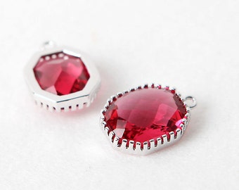 1039082 / Ruby / Rhodium Plated Brass Framed Glass Pendant 12mm x 17mm / 1.8g / 2pcs