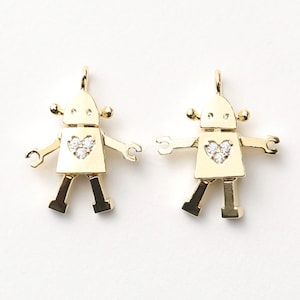 3284021 / Robot with Heart / 16k Gold Plated Brass with Cubic Pendant 13mm x 16mm / 1.3g / 2pcs