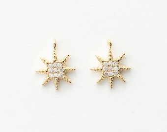 3247011 / Star / 16k Gold Plated Brass with CZ Pendant 9.5mm x 12.2mm / 0.5g / 2pcs