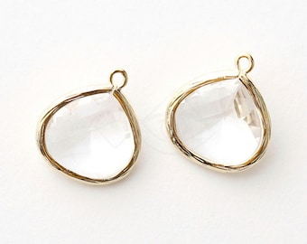 1066031 / Crystal / 16k Gold Plated Brass Framed Glass Pendant  16mm x 18.5mm / 1.7g / 2pcs