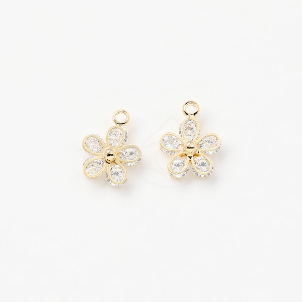 3510001 / Cubic Flower / 16k Gold Plated Brass with CZ Pendant 8.5mm x 10.6mm / 0.4g / 2pcs