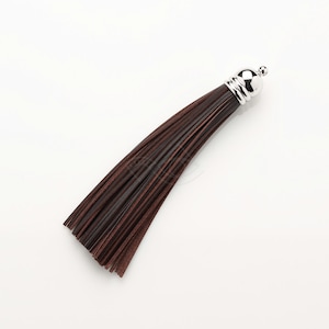 4001032 / Dark Brown / Genuine Leather Tassel / Rhodium Plated Brass Cap 12mm x 98mm / 7.5g / 60strands / 1pcs