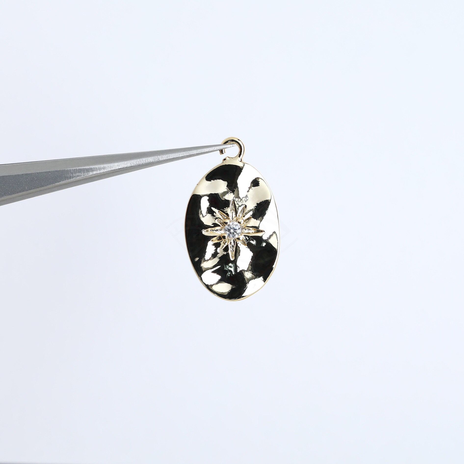 3698042 Crescent Star Oval Rhodium Plated Brass with CZ Pendant 10.1mm x 18.2mm 1.1g 2pcs