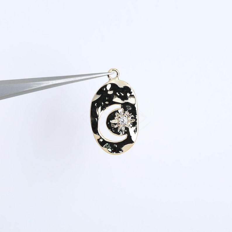 3698042 Crescent Star Oval Rhodium Plated Brass with CZ Pendant 10.1mm x 18.2mm 1.1g 2pcs