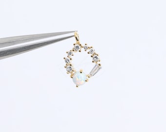 3813021 / Circle / 16k Gold Plated Brass with CZ, Opal Pendant 7.8mm x 11.8mm / 0.3g / 2pcs