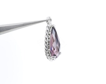 1123072 / Amethyst / Rhodium Plated Brass Framed Glass Pendant  7.9mm x 17.4mm / 1g / 2pcs