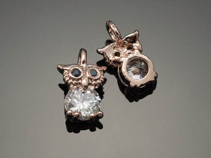 3037017 / Owl / Pink Gold Plated Brass with Cubic Zirconia Pendant / 2pcs