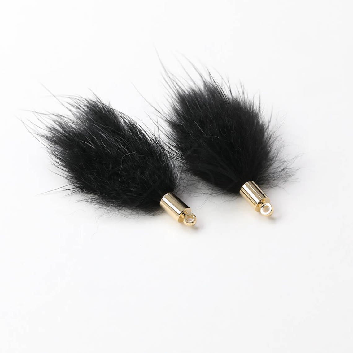 4020021 / Fur Tassel / Black / 16k Gold Plated Brass Cap / Etsy