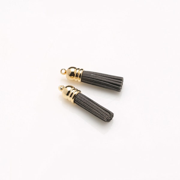 4010111 / Dark Grey / Genuine Leather Tassel (Small) / 16k Gold Plated Brass Cap 8mm x 25mm / 1.3g / 16strands / 2pcs