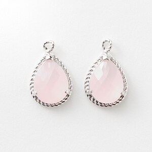 1010042 / Ice Pink / Rhodium Plated Brass Framed Glass Pendant 12mm x 18mm / 1.4g / 2pcs