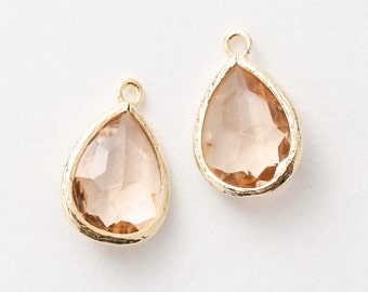 1008021 / Light Peach / 16k Gold Plated Brass Framed Glass Pendant 11.4mm x 17.1mm / 1.1g / 2pcs