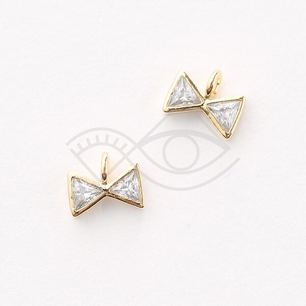 3344011 / Simple Bow / 16k Gold Plated Brass with CZ Pendant 7.4mm x 6mm / 0.2g / 2pcs