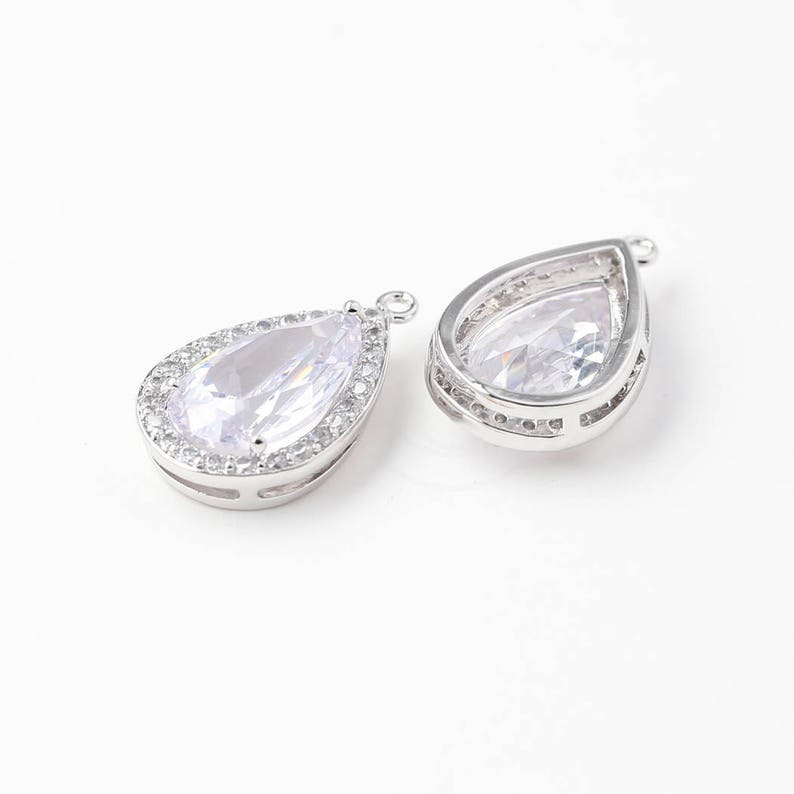 Large 3455022 Single Lined Cubic Teardrop Rhodium Plated Brass with CZ Pendant 14.3mm x 23.2mm 4.1g 2pcs