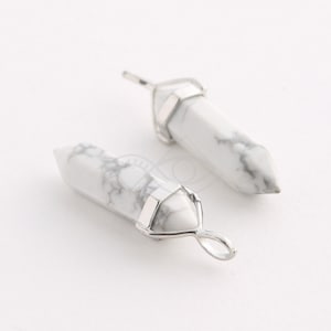 1080052 / White Alabaster (Large) / Rhodium Plated Brass Framed Synthetic Stone Pendant  9.7mm x 37.5mm / 3.8g / 2pcs