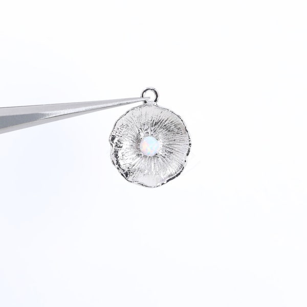 3764012 / Opal Concave Round / Rhodium Plated Brass Pendant with Opal Pendant 12.6mm x 15.2mm / 0.8g / 2pcs