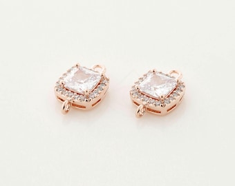 3452027 / Cubic Square / Rose Gold Plated Brass with CZ Connector 9.7mm x 15.3mm / 1.5g / 2pcs