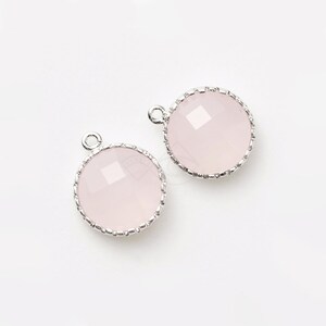 1012062 / Ice Pink / Rhodium Plated Brass Framed Glass Pendant  11.2mm Diameter / 1g / 2pcs