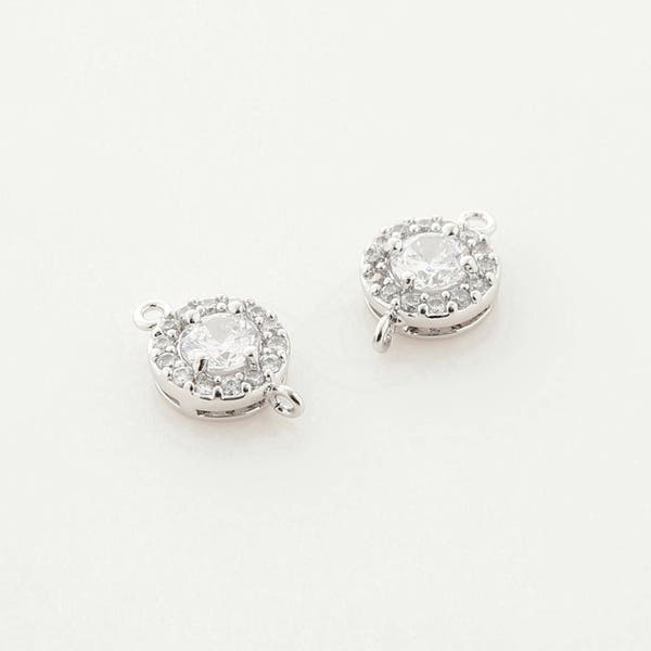 3453032 / Round Cubic (Large) / Rhodium Plated Brass with CZ Connector 8.8mm Diameter / 1g / 2pcs