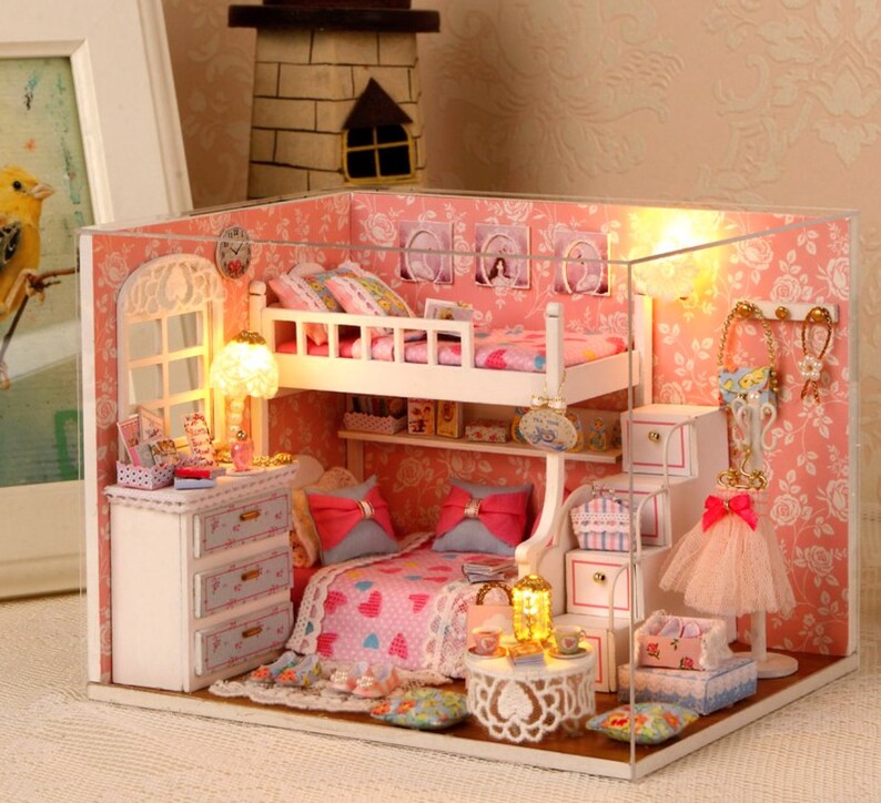Diy Girls Bedroom Wooden Dolls House Project Twin Room Handcraft Light Miniature Girl Decor