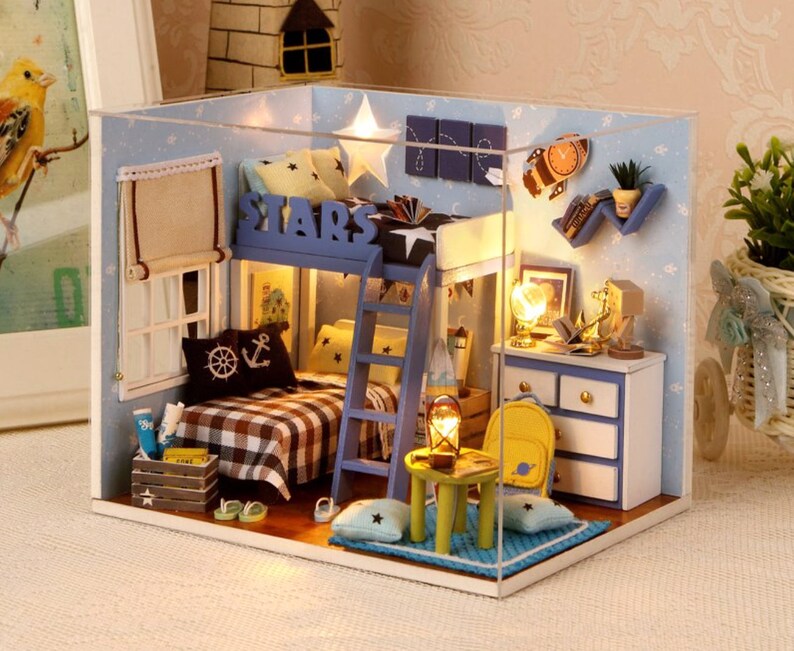 Diy Boys Bedroom Wooden Dolls House Diy Project Twin Boys Room Handcraft Project Light Diy Miniature Project Boy Bedroom Decor