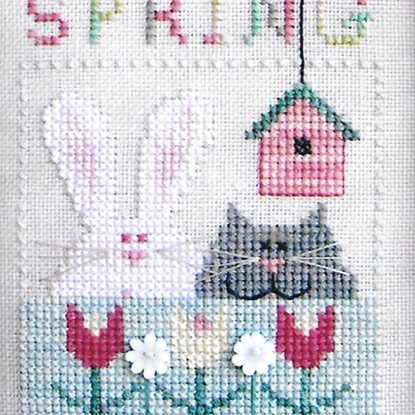 Norden Crafts Vals Stitchin Stuff Kittys Four Seasons Spring Sampler Easy Counted Cross Stitch Pattern Charted Design Cat and Bunny Rabbit