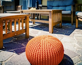 Orange floor knit pouf ottoman, outdoor pouf footstool Made in Italy