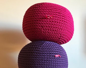 Pink fuchsia round crochet pouf ottoman handmade in Italy, patio pouf