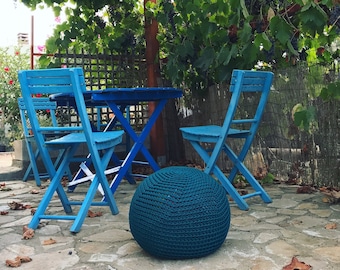 Teal Crochet Pouf Ottoman, outdoor floor cushion handmade in Italy