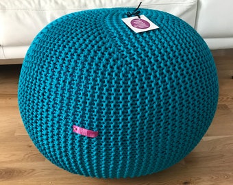 Outdoor knit pouf, Round pouf ottoman, Teal pouf, Made in Italy, Kids Ottoman, Footstool, Floor pillow, Bean bag chairs, handmade cover