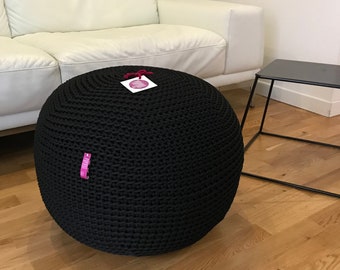 Black Crochet Pouf Ottoman footstool, knit scandinavian pouf unique gifts