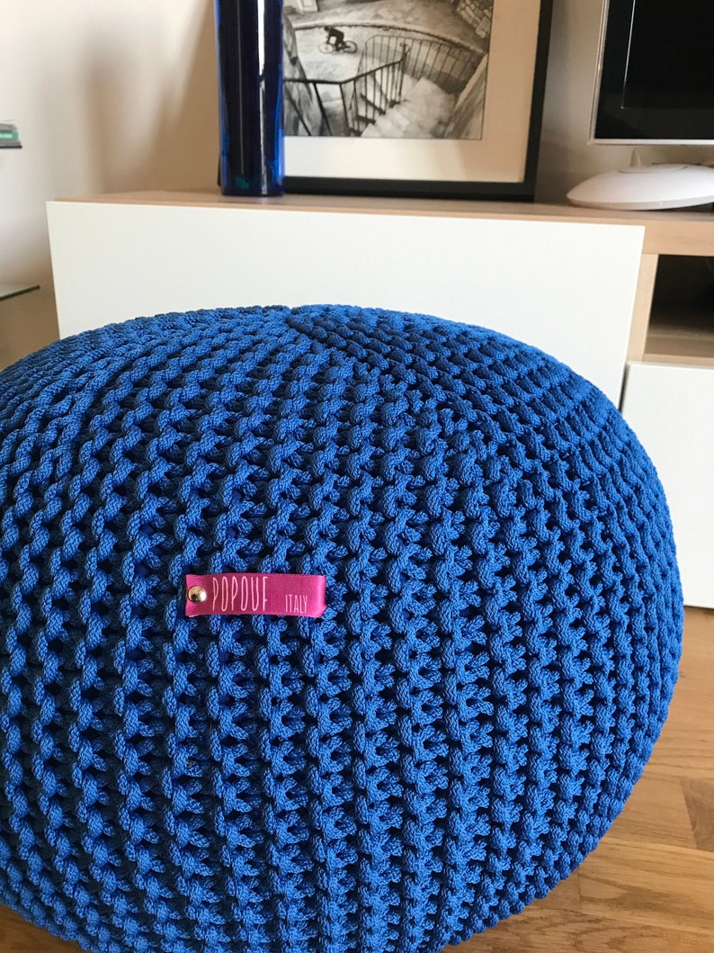 Outdoor knit pouf ottoman, Cobalt blue pouf, handmade footstool cover Made in Italy image 1