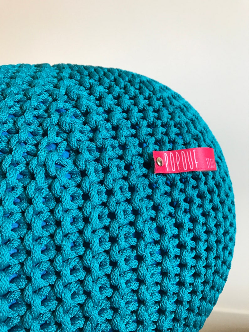 Outdoor knit pouf, Round pouf ottoman, Teal pouf, Made in Italy, Kids Ottoman, Footstool, Floor pillow, Bean bag chairs, handmade cover image 5