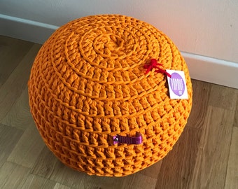 Orange Pouf Ottoman footstool, soft floor cushion handmade with crochet recycled cotton unique gifts