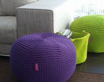 Outdoor stuffed pouf, Purple Ottoman outdoor cushion handmade with crochet rope baby room cushion