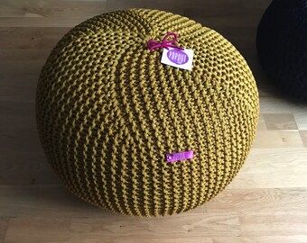 Outdoor pouf, knit ottoman, Mustard round floor cushion, Made in Italy unique gifts